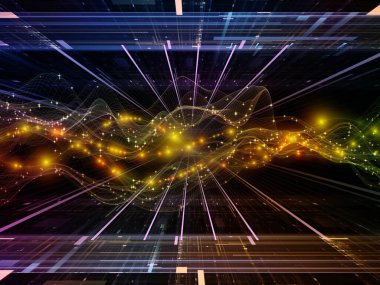 Uzay Sinyali. Sanal Dalga serisi. Veri transferi temasında yatay sinüs dalgaları ve ışık parçacıklarından oluşan soyut arkaplan, sanal, yapay, matematiksel gerçeklik.