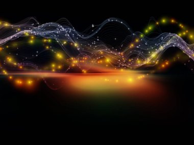 Veri Alanı Sanal Dalga serisi. Veri transferi, sanal, yapay, matematiksel gerçeklik projeleri için yatay sinüs dalgaları ve ışık parçacıklarının bileşimi.