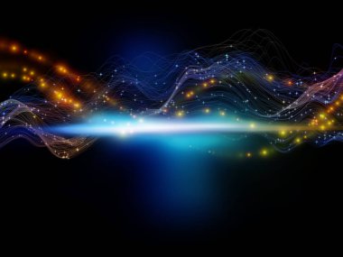 Sanal gerçeklik. Sanal Dalga serisi. Veri transferi, sanal, yapay, matematiksel gerçeklik tasarımlarını tamamlamak için yatay sinüs dalgaları ve ışık parçacıklarının arkaplanı.