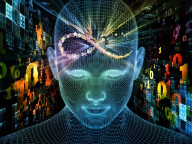 Parlak Rüyalar. Bilinçli Zihin serisi. Yapay zeka, insan bilinci ve ruhani yapay zeka üzerine parlayan tellerin 3 boyutlu tasarımı insan yüzünü örüyor.