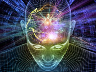 Dijital Düşünceler. Bilinçli Zihin serisi. Parlayan kablonun 3 boyutlu görüntülenmesi yapay zeka, insan bilinci ve ruhani yapay zeka projelerinde kullanılmak üzere insan yüzünü örgüler.