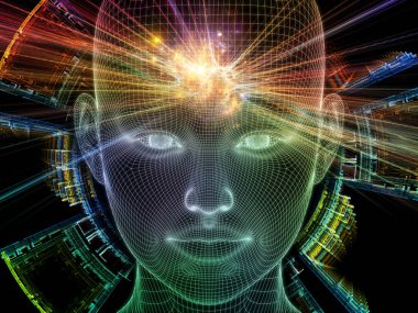 Parlak Rüyalar. Bilinçli Zihin serisi. Yapay zeka, insan bilinci ve ruhsal yapay zeka konularında 3 boyutlu parlayan tel insan yüzünü soyutlaması