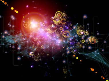 Gelecek Bağlantı serisi. Ağ hatlarının, ışıkların ve sembollerin modern teknoloji, ağ oluşturma, telekomünikasyon ve bilim konularındaki karanlık arka plana karşı düzenlenmesi.