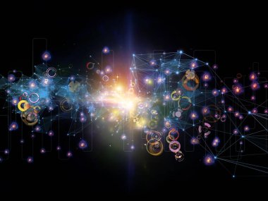 Gelecek Bağlantı serisi. Ağ hatlarının, ışıkların ve sembollerin modern teknoloji, ağ oluşturma, telekomünikasyon ve bilim konularındaki karanlık arkaplan ile etkileşimi.