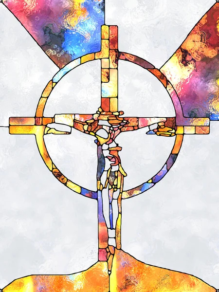色の信仰 ステンドグラスシリーズのクロス キリストと自然の十字架刑の断片化された一体化に伴う有機的な教会窓の色のパターンの構成 — ストック写真