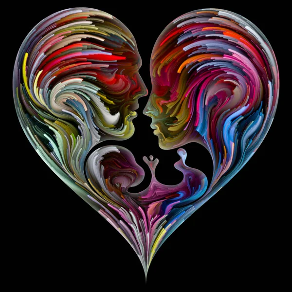 Soul Mates series. Male, female and fetus outlines joined into heart shape symbol with brushstrokes of digital paint. Illustration on subject of love, parenthood, marriage and family.