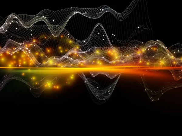 Dijital Dünyalar. Sanal Dalga serisi. Veri transferi, sanal, yapay, matematiksel gerçeklik konularındaki yatay sinüs dalgaları ve ışık parçacıklarının arkaplan bileşimi.