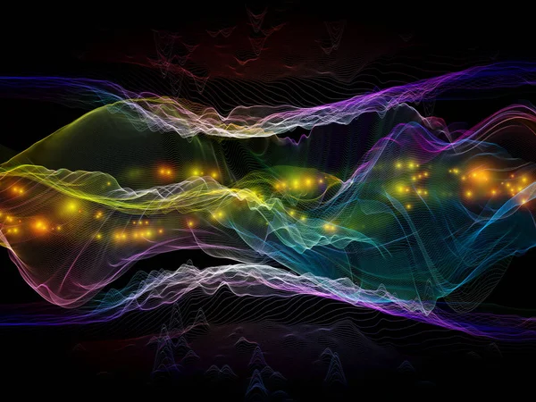 Virtual Universe. Virtual Wave series. Arrangement of horizontal sine waves and light particles on the subject of data transfer, virtual, artificial, mathematical reality.