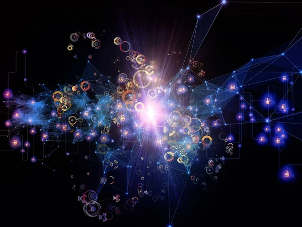 Gelecek Bağlantı serisi. Ağ hatlarının, ışıkların ve sembollerin modern teknoloji, ağ oluşturma, telekomünikasyon ve bilim konularındaki karanlık arkaplan ile etkileşimi.