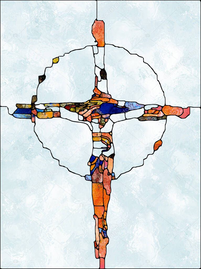 Spectral Faith Cross of Stained Glass series. Background design of organic church window color pattern on the subject of fragmented unity of Crucifixion of Christ and Nature
