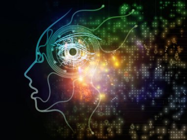 Yapay mantık serisinin ışığı. İnsanın yüz hatlarının ve zihin, teknoloji ve bilinç konularındaki dijital elementlerin arkaplanı