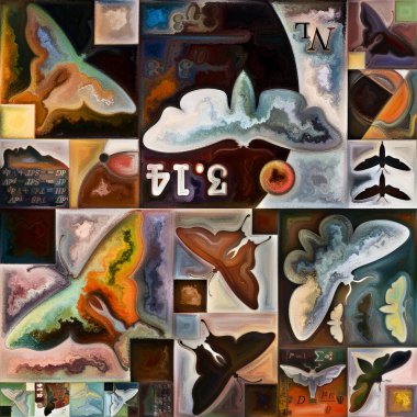 İç şifreleme serisi. Soyut organik formların kolajı, matematik formülleri, gizli anlamlar, kutsal yaşam, drama, şiir, mistisizm ve sanat konularındaki sanat dokuları ve renkler.