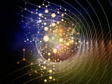 Moleküler yapı serisi. Soyut arkaplan üzerindeki soyut atomların bilim ve teknoloji konularındaki kristal ağa etkileşimi.