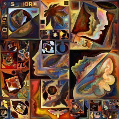 Tao Geometri. Gizli şifre serisi. İç hayat, drama, şiir ve algı ile kavramsal ilişkili insan siluetleri, sanat dokuları ve renkleri görüntüsü