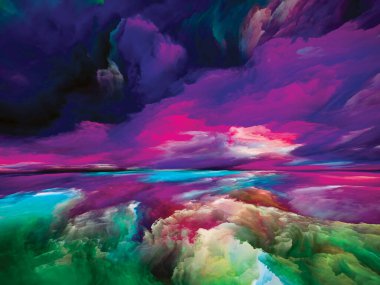 Hayalet Bulutlar. Gerçekliğe Kaçış dizisi. Manzara, hayal gücü, yaratıcılık ve sanat konularında gerçeküstü gün batımı renkleri ve dokularının düzenlenmesi