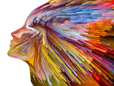 Rahatsız edici Düşünceler serisi. İnsan yüzü siluetinde hareketli renkli boya. İç dünya, zihin, psikoloji, depresyon, anksiyete, zihinsel hastalık, yaratıcılık ve soyut sanat konularındaki sanat çalışmaları.