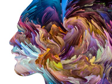 Rahatsız edici Düşünceler serisi. Sıvı boya insan yüzü siluetinde hareket halinde. İç dünya, zihin, psikoloji, depresyon, anksiyete, zihinsel hastalık, yaratıcılık ve soyut sanat konularındaki sanat çalışmaları.