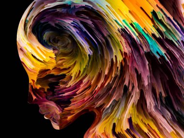 Rahatsız edici Düşünceler serisi. İnsan yüzü siluetinin içinde hareket halindeki koyu renk boya. İç dünya, zihin, psikoloji, depresyon, anksiyete, zihinsel hastalık, yaratıcılık ve soyut sanat konularındaki sanat çalışmaları.