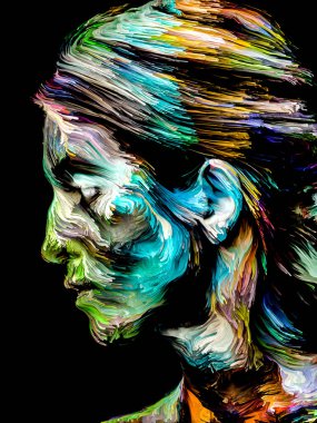 Renk serisi insanları. Yaratıcılık, hayal gücü ve sanat konularında çok renkli genç kadın portresi.