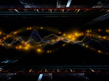 Dijital Dünyalar. Sanal Dalga serisi. Veri transferi, sanal, yapay, matematiksel gerçeklik projelerinde kullanılacak yatay sinüs dalgaları ve ışık parçacıklarının arkaplanı.