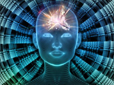 Parlak Düşünce. Bilinçli Zihin serisi. Yapay zeka, insan bilinci ve manevi yapay zeka için 3 boyutlu parlayan tel örgü insan yüzü bileşimi
