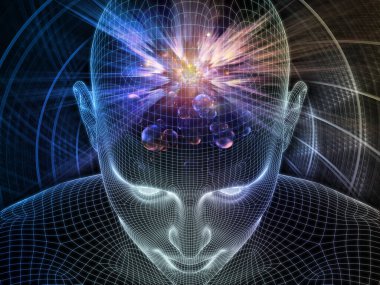 Parlak Rüyalar. Bilinçli Zihin serisi. Yapay zeka, insan bilinci ve ruhani yapay zeka üzerine parlayan tellerin 3 boyutlu tasarımı insan yüzünü örüyor.