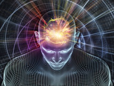 Aydınlanmış düşünce. Bilinçli Zihin serisi. Yapay zeka, insan bilinci ve ruhani yapay zeka için üç boyutlu parlayan tel örgü insan yüzüyle ilgili soyut tasarım.