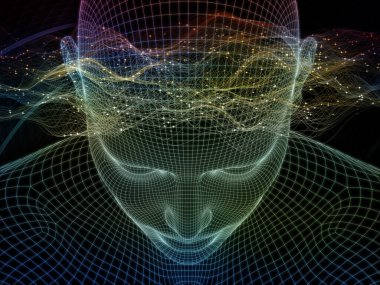 Parlak Rüyalar. Bilinçli Zihin serisi. Yapay zeka, insan bilinci ve ruhsal yapay zeka konularında 3 boyutlu parlayan tel insan yüzünü soyutlaması