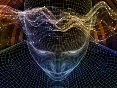 İç Işık. Bilinçli Zihin serisi. Yapay zeka, insan bilinci ve ruhani yapay zeka projeleri için 3 boyutlu parlayan tel örgü insan yüzü oluşturma arkaplanı