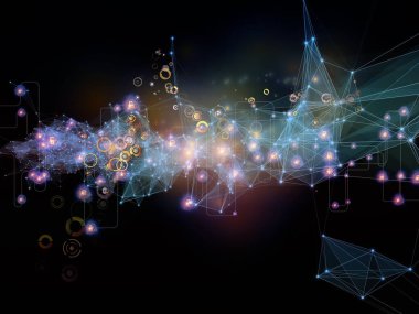 Gelecek Bağlantı serisi. Modern teknoloji, ağ oluşturma, telekomünikasyon ve bilim konularındaki karanlık arka plana karşı ağ çizgileri, ışıklar ve semboller.