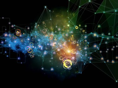 Gelecek Bağlantı serisi. Modern teknoloji, ağ oluşturma, telekomünikasyon ve bilim konularındaki karanlık arka plana karşı ağ çizgileri, ışıklar ve semboller.