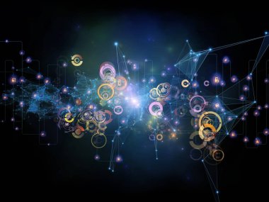 Gelecek Bağlantı serisi. Ağ hatlarının, ışıkların ve sembollerin arka planı modern teknoloji, ağ oluşturma, telekomünikasyon ve bilim konularındaki karanlık arka plana karşı.