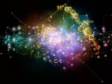 Gelecek Bağlantı serisi. Ağ hatlarının, ışıkların ve sembollerin arka planı modern teknoloji, ağ oluşturma, telekomünikasyon ve bilim konularındaki karanlık arka plana karşı.