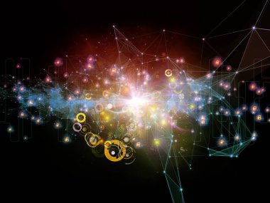 Gelecek Bağlantı serisi. Ağ hatlarının, ışıkların ve sembollerin modern teknoloji, ağ oluşturma, telekomünikasyon ve bilim konularındaki karanlık arka plana karşı düzenlenmesi.