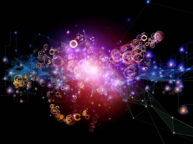 Gelecek Bağlantı serisi. Modern teknoloji, ağ oluşturma, telekomünikasyon ve bilim konularındaki karanlık arka plana karşı ağ çizgileri, ışıklar ve semboller.