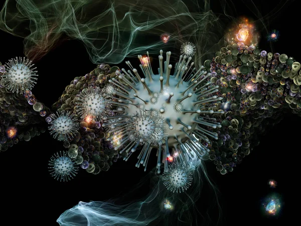 病毒粒子与抽象微量元素在珊瑚病毒 流行病 生物学和医疗保健等问题上相互作用的三维呈现 — 图库照片