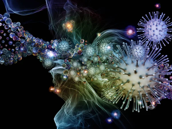 Weergave Van Interactie Van Virale Deeltjes Abstracte Microscopische Elementen Rond — Stockfoto