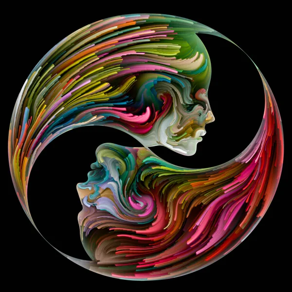 Soul Mates series. Distinct male and female facial features and negative silhouettes joined into parts of yin yang shape symbol of brushstrokes of digital paint. Illustration on subject of love, romance, art and forces in Nature.
