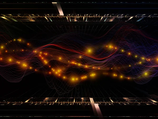空间几何 虚拟浪潮系列 水平正弦波和光粒子在数据传输 数学现实等主题上的艺术性抽象 — 图库照片