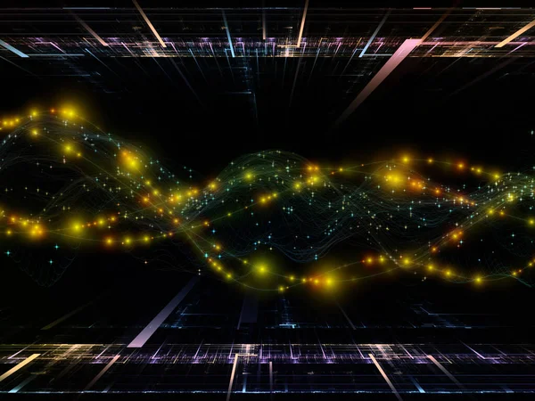 Data in Space. Virtual Wave series. Backdrop composed of horizontal sine waves and light particles for projects on data transfer, virtual, artificial, mathematical reality.