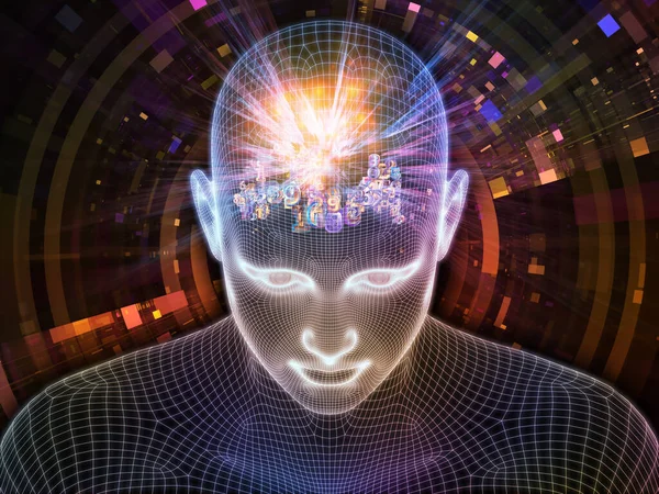 仮想現実 Lucid Mindシリーズ 人工知能 人間の意識 精神的なAiと関連して輝くワイヤメッシュ人間の顔の3Dレンダリングの構成 — ストック写真