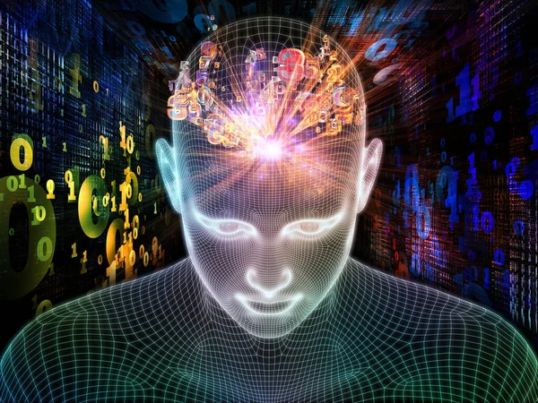 数字思想 数字思想 清醒的头脑系列 用于人工智能 人类意识和精神人工智能项目的发光金属丝网人脸三维绘制的背景 — 图库照片