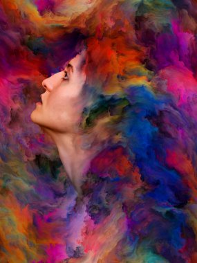 Kadınlar Dünya Serisi. Duygular, duygular, iç dünya, yaratıcılık ve hayal gücü konularında bir metafor olarak kadın portresinin canlı resimlerle kaynaşmış yaratıcı düzenlemesi.