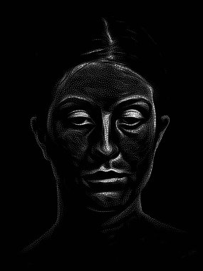 Benekli Portre serisi. Sanat, iç dünya ve insan ruhu üzerine geleneksel noktacı tarzıyla çizilmiş genç bir kadının yüzü..