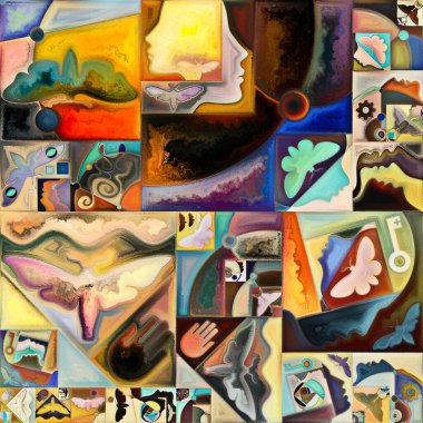 Çıkış Formu. Gizli şifre serisi. İnsan siluetlerinden, sanat dokularından ve renklerden oluşan soyut bir arka plan iç hayat, drama, şiir ve algı teması üzerine etkileşim kurar