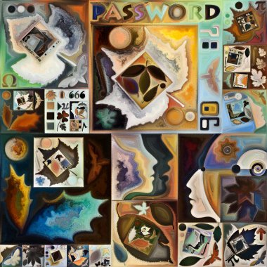 Gradyan Akış. Gizli şifre serisi. İnsan siluetlerinin etkileşimi, sanat dokuları ve renklerin iç hayat, drama, şiir ve algıyla ilgili etkileşimi