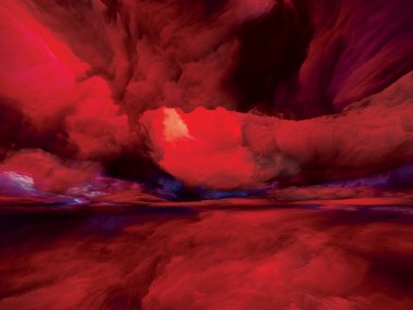 Ahiret Bulutları. Gerçekliğe Kaçış dizisi. Günbatımında gerçeküstü güneş ışığı renklerinden ve manzara resmi, hayal gücü, yaratıcılık ve sanatla ilgili dokulardan oluşan soyut bir tasarım.