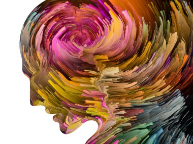 Rahatsız edici Düşünceler serisi. İnsan yüzü siluetinin içinde hareket halindeki koyu renk boya. İç dünya, zihin, psikoloji, depresyon, anksiyete, zihinsel hastalık, yaratıcılık ve soyut sanat konularındaki sanat çalışmaları.
