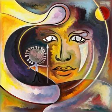 Virüs serisini girin. Enfeksiyon, ölüm, ölüm, şiir ve ruhani boyut konularında tarih öncesi petrogliflerin, insan, kuğu ve viral siluetlerin dramatik kompozisyonu.