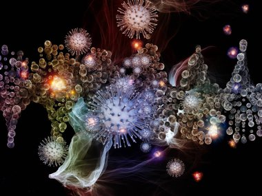 Coronavirus, enfeksiyon, salgın hastalık, biyoloji ve sağlık hizmetleri konularındaki viral parçacıkların ve soyut hücresel elementlerin 3 boyutlu etkileşimi